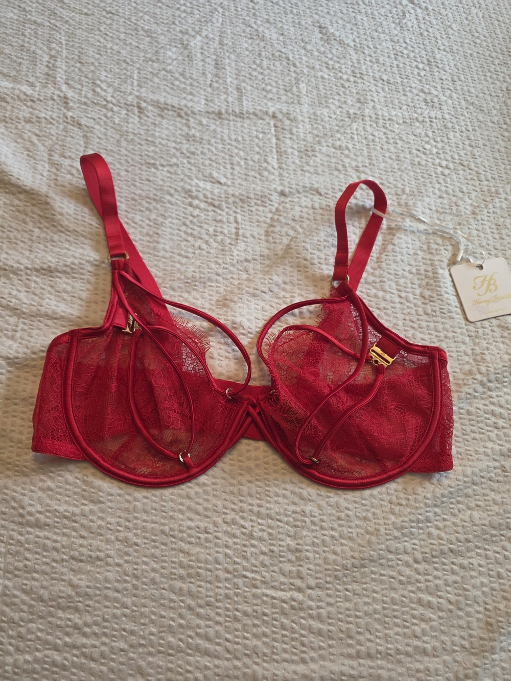 Honey Birdette Red Lace Strappy Underwire Bra 38 DD NWT